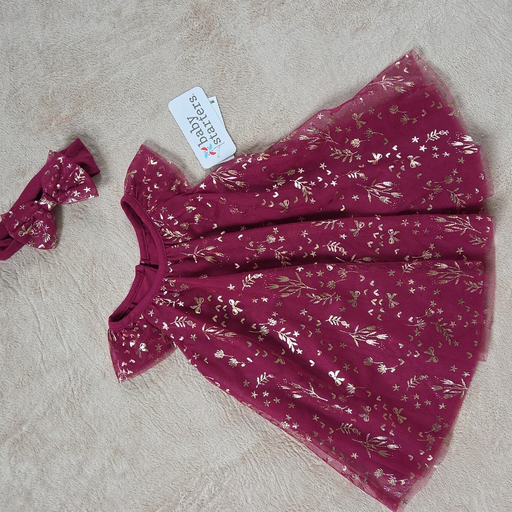 Baby Starters Party Dress Tulle Overlay with Metallic (gold) Foil Print 12m